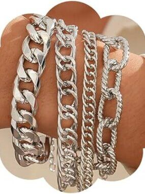 4 NEW Chunky Silver Stackable Bracelet Layered Paperclip Cuban Link Chain Set